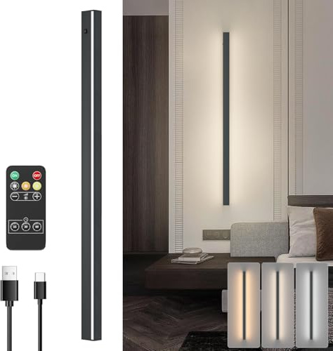 Klighten 8W LED Akku Wandleuchte Dimmbare, Anthrazit Kabellos 100cm Wandlampe mit Fernsteuerung, Lange Wiederaufladbar Wandleuchten mit Timer-Funktion für Schlafzimmer Wohnzimmer Korridor Treppenhaus