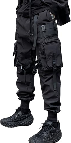 HaiZi XiHuan Pantalon fonctionnel pour homme style parachutiste tactique cargo techwear punk streetwear gothique, Noir , L
