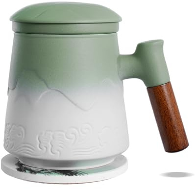 ZENS tea Infuser Mug with Lid, 450 ML Embossed Ceramic Strainers for Loose Leaf Diffusers, Wood Handle Cup with Coaster for Tea Lovers