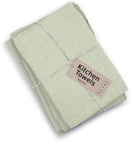 MEEMA Kitchen Towels and Dishcloths Sets of 4 | Large 18 x 28 Inch | Upcycled Cotton Tea Towels for Kitchen | Super Absorbent | Sage Green | Hand Towels