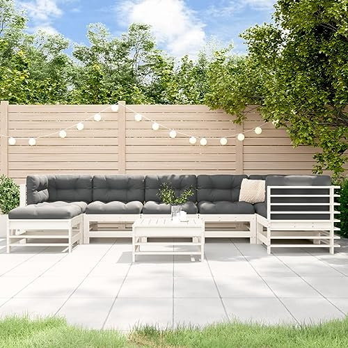 HEFZGDB 8-TLG. Garten-Lounge-Set mit Kissen Weiß Massivholz Gartenstühle Gartenmöbel Set Gartentisch Geeignet für Terrasse, Garten, Pool.