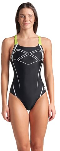 ARENA Feel Graphic Swim Pro Back Badeanzug für Damen, Schnelltrocknender Schwimmanzug, Sportlicher Badeanzug aus Maxfit Eco Gewebe, Chlor- und Salzwasserbeständig mit UV-Schutz UPF 50+
