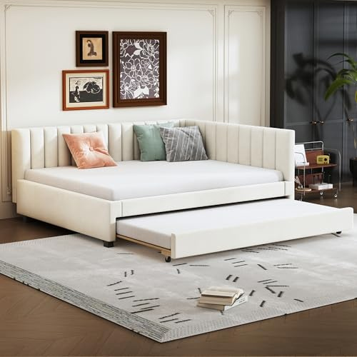 Zravenna Polsterbett 140x200, Ausziehbares Schlafsofa,Sofabett, Multifunktionsbett mit Lattenrost, Jugendbetten Kinderbetten Gästebetten, Zwei betten, Schlafcouch, Funktionsbett Beige (Beige-140)