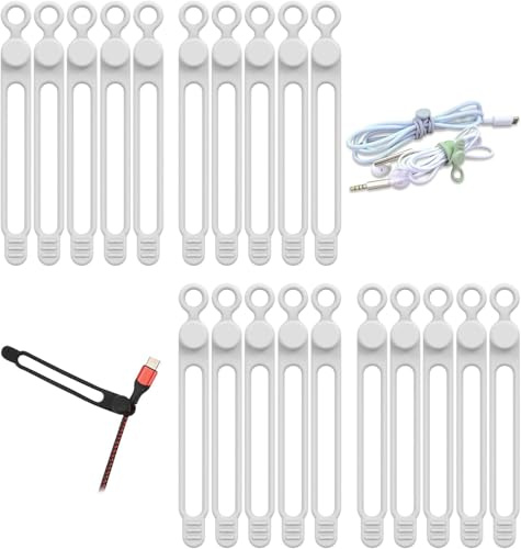 ALINK 20Pcs Silicone Cable Straps Cord Organizer for Bundling Earphone, Phone Charger, Computer Cords, Reusable Cable Ties Wire Organizer in Home,Office,Kitchen,School (White)