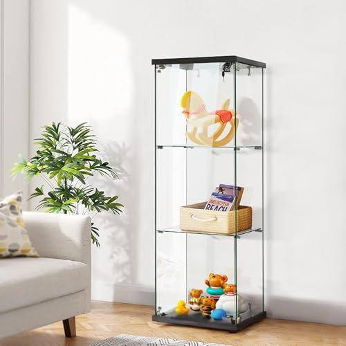 QMTXBYJ Glas vitrin i svart, 125 x 43 x 37 cm, modernt vitrin med 3 hyllor, 1 dörr glasskåp, glasskåp, stående vitrin i trä och vitrin för vardagsrum