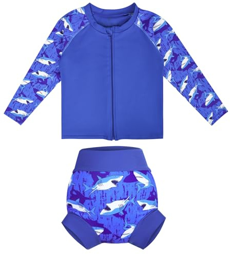 FLYISH DIRECT Traje de baño Infantil bebé niño de 2 Piezas Anti-UV, UPF 50+ Niño Camiseta Natación Manga Larga con Cremallera + Pañal Natación Reutilizable, Rashguard Niño Tiburón Secado Rápido, XL