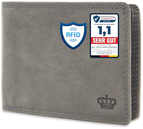 Baur Herren Geldbörse – Echtes Büffelleder mit RFID-Schutz – Klassisches Vollleder-Portemonnaie im Querformat mit 7 Kartenfächern und Münzfach (Querformat Groß, Grau)
