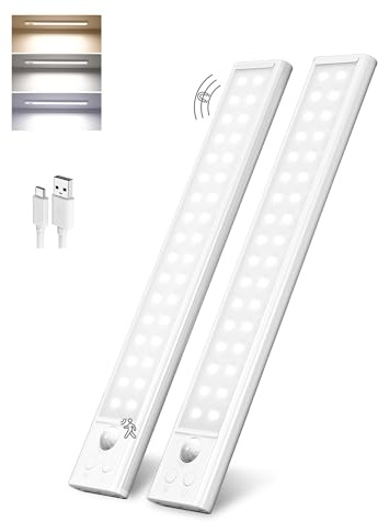 EZVALO LED Schrankleuchte mit Bewegungsmelder 25cm [2er Set] – Kabellose Unterbauleuchte mit 3 Farbmodi & Dimmer, Kleiderschrank, Treppe, USB-Akku für Küche