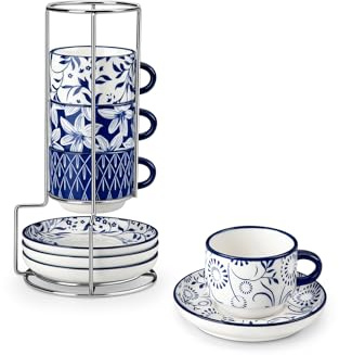 vancasso 2.5OZ Espresso Cups Set of 4, Porcelain Stackable Cappuccino Cups, Demitasse Coffee Cups and Saucers Set with Metal Stand for Specialty Drinks, Series SELENE (Vintage Blue, 2.5 Ounce)