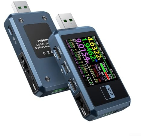 FNB48P - Caricabatterie portatile USB con voltmetro amperometro, attivazione rapida della carica e PD per lettura di marcatori E per dispositivi USB 2.0 (blu)