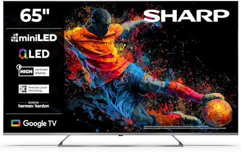 SHARP 65JP7765E QLED Fernseher 65 Zoll Google TV 4K UHD Smart TV Mini-LED | Dolby Vision HDR | Dolby Atmos | Sound by Harman Kardon | Google Assistant | Triple-Tuner DVB-C/-S2/-T2 | Modelljahr 2026
