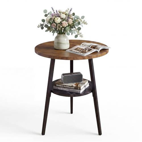 Beistelltisch Rund Nussbaumoptik, Couchtisch 2 Etagen, Beistelltisch Couch | Runder Holz Beistelltisch, Nussbaum Vintage Stil, für Wohnzimmer & Schlafzimmer, kleine Räume, einfache Montage