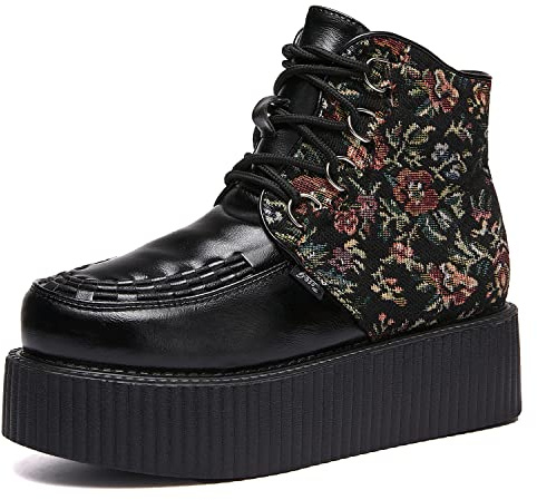 RoseG Femmes Broderie Cuir Lacets Flats Gothique Punk Creepers Bottes Chaussures Taille36