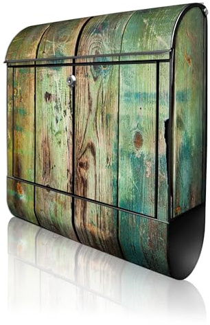 banjado Design Briefkasten 38,5x46,5x13cm & 2 Schlüssel - Briefkasten Stahl Schwarz mit Zeitungsfach pulverbeschichtet - Postkasten A4 Einwurf inkl. Montagematerial - Motiv Grünes Holz