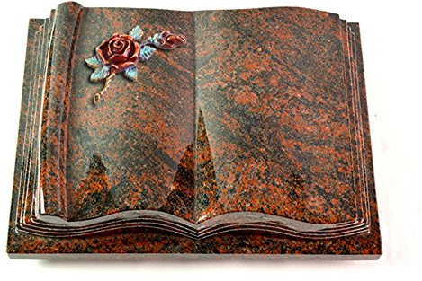 MEMORUM Grabmale Grabbuch, Grabplatte, Grabstein, Grabkissen, Urnengrabstein, Liegegrabstein Modell Antique 40 x 30 x 8-9 cm Aruba-Granit, poliert inkl. Gravur (Bronze-Color-Ornament Rose 1)
