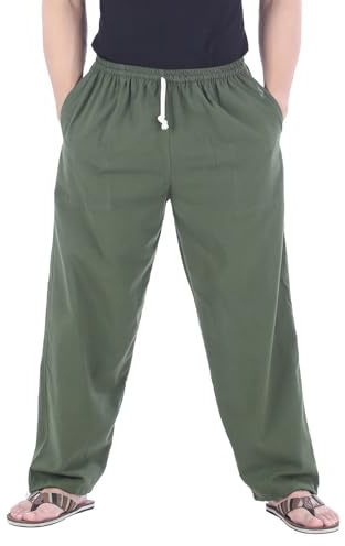 CandyHusky 100 % bomull vardaglig jogging lounge pyjamas yogabyxor byxor elastisk midja med dragsko, Olivgrön, S