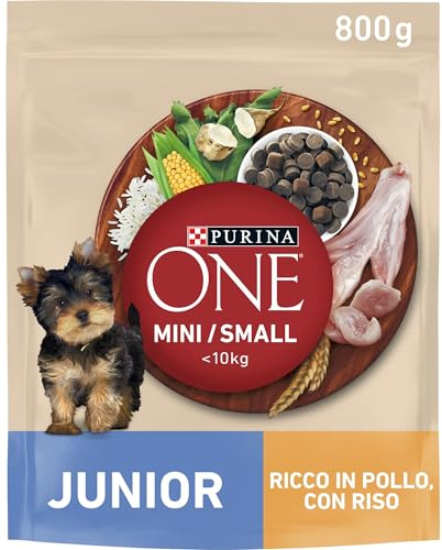 PURINA ONE Mini Small Junior Crocchette per cani cuccioli di piccola taglia con Pollo e Riso 8 Sacchi da 800g