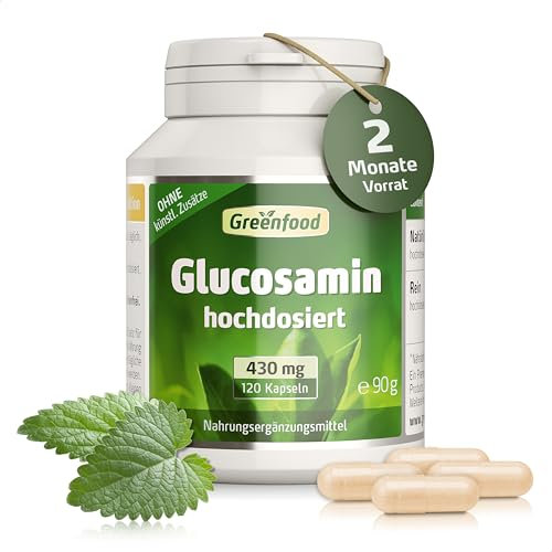 Glucosamin, hochdosiert, 430mg - 120 Kapseln, vegan. Hochwertige Glucosamine (Glucosaminsulfat) – mit hoher Bioverfügbarkeit. OHNE künstliche Zusätze - laborgeprüft. Von Greenfood.