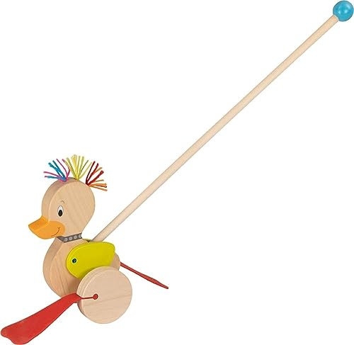 goki 54882 Schiebetier Punk-Ente aus Holz, Länge ca. 55 cm mit Gummiflossen & Woll-Irokesen – Lauflernspielzeug ab 18 Monaten
