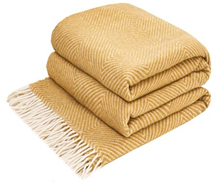 LYHome Plaid Laine Merinos - Couverture pour Le Canape, Le Lit 1 et 2 Personnes, Couvertures en Laine de Mouton, Plaids Mérinos Chaude Hiver Grande (140 x 200 cm | Jaune Moutarde avec Blanc Losange)