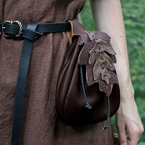 LCTS Mittelalterliche Steampunk Kunstleder Blattmuster Gürteltasche Für Damen Herren Wikinger Ritter Krieger Piraten Party Cosplay Requisiten Kordelzug Geldbörse Kostüm Zubehör,Braun