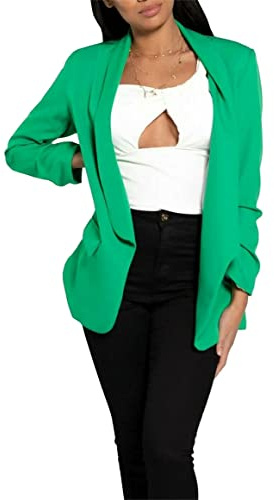 FAIRY BOUTIQUE Womens Plain Open Front Frill Ruffle Duster Coat Ladies 3/4 Sleeve Pockets Jacket Blazer Jade Green