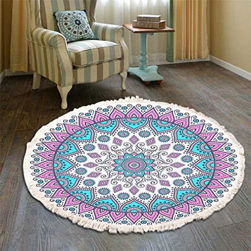 Bohemian Teppich Rund - Mandala Muster Mit Quasten, Waschbare Baumwolle für Wohnzimmer Und Schlafzimmer (150cm, Blau-Rosa)