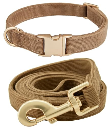 YUDOTE Hundehalsband und Leine Set Mittel, Weiche Reizfreie Cord-Halsband-Leine Passende Combo für Den Täglichen Spaziergang, Braun