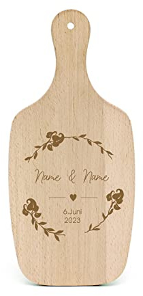 Hochzeitsgeschenk personalisiert Schneidebrett Vintage Blätterkranz graviert - Bräutigam Braut Name & Hochzeitsdatum - Hochzeitsdeko Tischdeko 34 x 15 cm