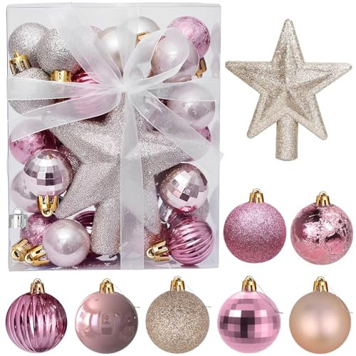 30Pcs Mini Bolas de Navidad con Percha,3CM Pequeñas Bolas de Oro Rosa para Mesa Árbol de Navidad Decoración Set