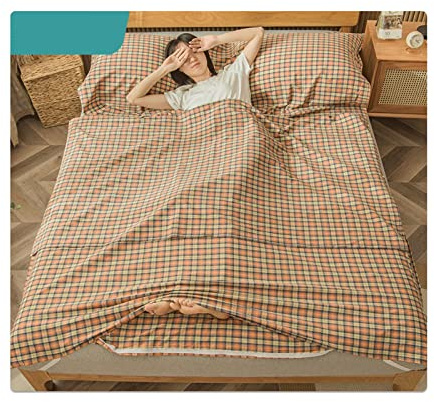 RUZGAR Hüttenschlafsack Ultra-Leichter Reise-Schlafsack aus 100% Baumwolle Kariert Gestreift mit Kissen-Fach Erwachsene Kinder Travel-Sheet Innenschlafsack (Color : Orange, Size : 80x210cm-31x82)