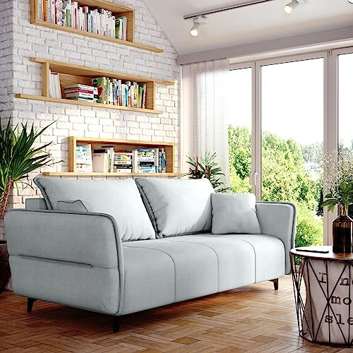 Sofa Isabell mit Bettkasten Schlafsofa Polstersofa mit Schlaffunktion Klappsofa Couch mit Schwarzen Füßen Sofagarnitur Wohnzimmer Gastzimmer (Sofa, Hell grau)