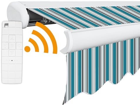 Arilco Elektrische Vollkassettenmarkise Kassettenmarkise Gelenkarmmarkise Markise Sonnenmarkise Sonnenschutz in vielen Farben und Größen wählbar in der Kassettenfarbe Weiß (5x3m Aqua)