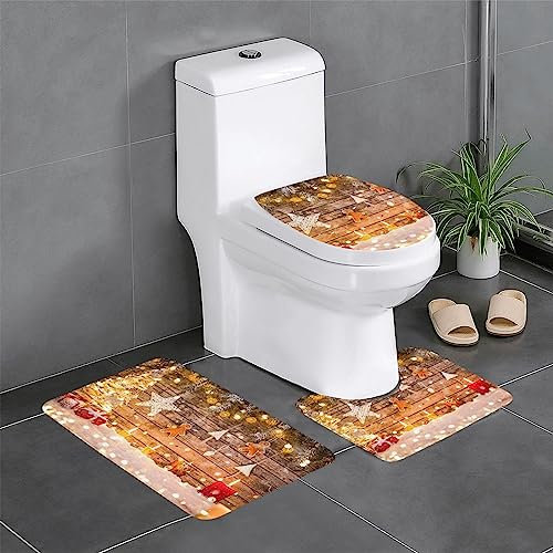 TRESILA 3-teiliges Badematten-Set, rutschfest, Badezimmermatte, WC-Vorleger, Teppich, Flanell, Bodenmatte, Druck, Türmatten – Weihnachtsbäume und Kerzen