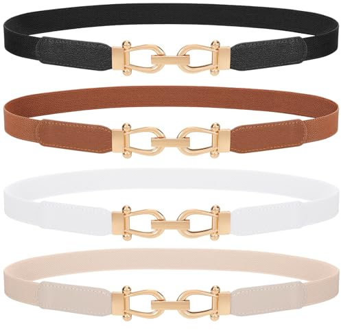 TRIWORKS 4 Pack Skinny Elastic Belts for Women Gold Buckle Thin Stretchy Waist Belts for Dresses
