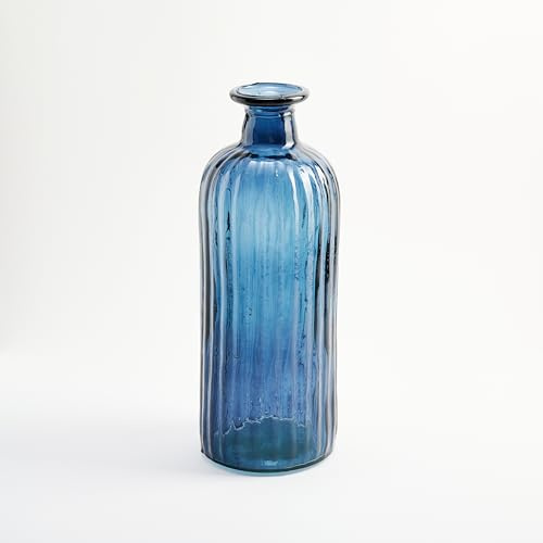Große Recycling-Glasflasche im mediterranen Stil mit Streifendesign - Kunstglas für Heimdekoration als Vase (Marineblau)