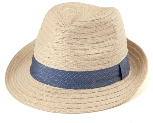 LADYBRO Beige Straw Trilby Hat for Men Summer Sun Fedoras Travel Beach Short Brim M/L, 7 1/4