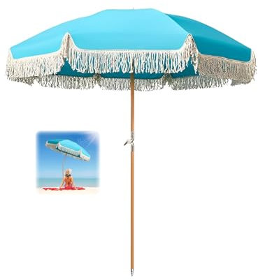 Bleu Parasol De Jardin 180cm Avec Frange Parasol Plage Protection UV Parasol De Plage Inclinable Parasol De Terrasse Imperméable 8 Baleines Avec Sac De Transport Pour Exterieur Terrasse Balcon Marché