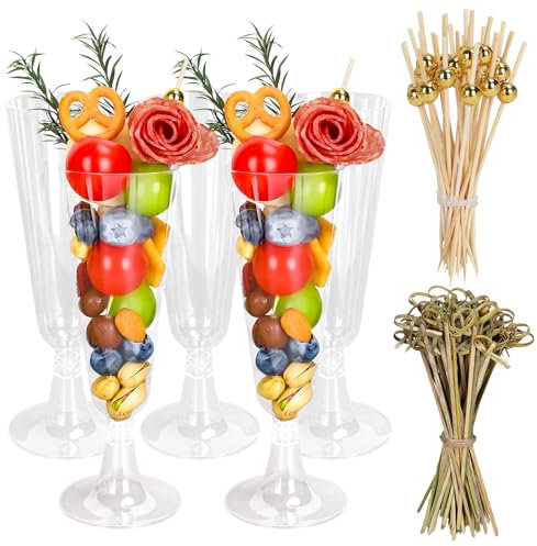 Whaline 50 vasos de charcutería de plástico transparente con palillos de dientes, vasos desechables transparentes para aperitivos, copas de champán, copas de vino para bodas, graduaciones, banquetes,
