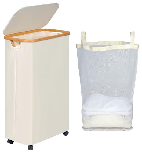 efluky Panier à Linge sur Roues, Panier à Linge étroit 75L avec couvercle, Panier à Linges Pliable avec Poignées en Bambou et sac Amovible pour la Chambre, la Salle de Bain, la Buanderie