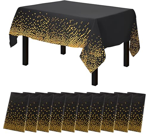 JMIATRY 10 Stück Geburtstag Tischdecken 137x274cm Kunststoff-Tischdecken Dot Tischdecken Schwarz und Gold Party Tischdecke Hochzeit Tischtuch