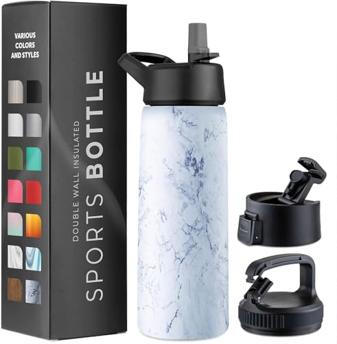 GARUET Borraccia termica a tripla parete da 750 ml, con cannuccia, in acciaio inox, con 3 coperchi a prova di perdite, per viaggi, scuola, sport, palestra, uomini, donne (marmo bianco fresco)