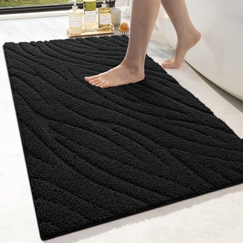 DEXI Badezimmerteppich 61 x 110 cm, weicher Badvorleger Maschinenwaschbar, Badematte rutschfest, Badematten & Badteppiche für Dusche, Badewannen, Toilette Deko, Schwarz