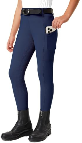 FitsT4 Sports Reithose Kinder Mädchen Reitleggings Reiterhosen Silikon Vollbesatz Reiten Hosen Sommer mit 2 Seitlichen Taschen und Gürtelschlaufen,Marineblau,XS