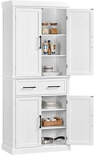 Yaheetech Tall Kitchen Pantry Cupboard, 183.5cm Freestanding Storage Cabinet with Drawer, 4 Doors, 2 Adjustable Shelves for Home Dining Living Room, White