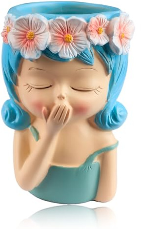Bojueshaw Face Planter Pot,Resin Human Head Planter,Small Cute Girl Face Succulent Pots,Succulent Plant Pot for Indoor Outdoor Cacti Home Garden(Blue)