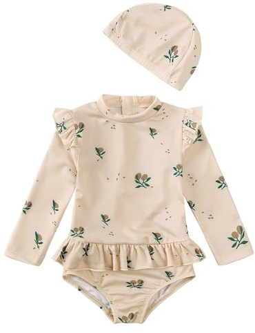 Generisch Langarm Badeanzug für Kleinkinder Mädchen mit UV Schutz UPF 50+ Rash Guard - 0-36 Monate mit Hut