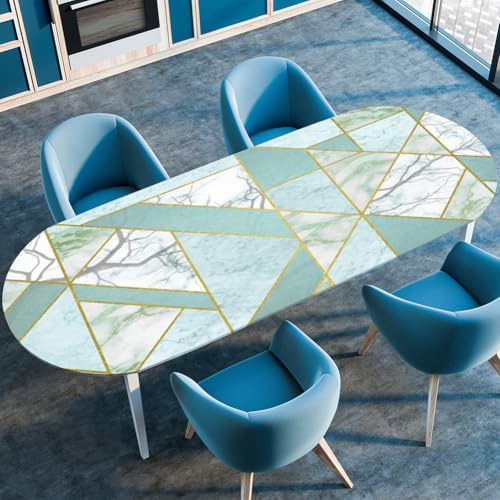 Surwin Tovaglia Ovale con Bordo Elastico, Antiscivolo Elastico Copritavolo Ovale Antimacchia Protezione Tavolo Casa Ristorante Sala da Pranzo Giardino -3D Geometria Moderna (Verde chiaro,107x183cm)