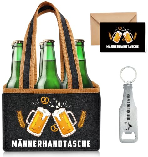 Lustige Geschenke für Männer, Männerhandtasche Bier mit Flaschenöffner Grußkarten, Filz Bier Tragetasche für 6 Bierflaschen, Männer Weihnachtsgeschenke Junggesellenabschied Silvester