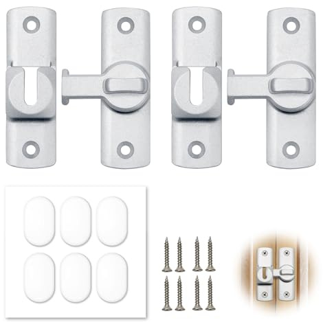 Lot de 2 loquets verrous pour porte coulissante, verrouillage réglable 90/180° argent, fermeture de sécurité pour chambre, balcon et salle de bain